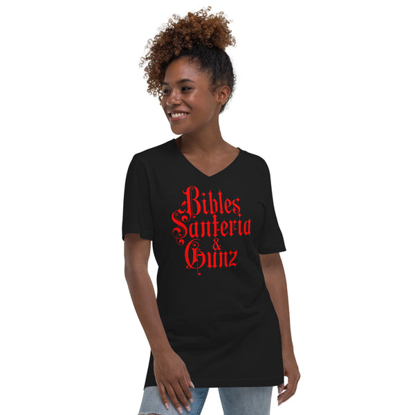 "Bibles, Santeria & Gunz" Unisex Short Sleeve V-Neck T-Shirt